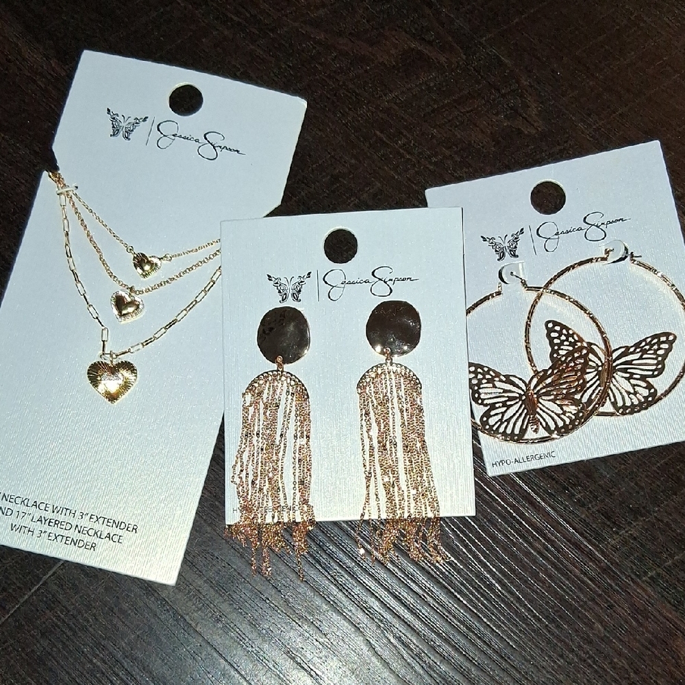 Jessica Simpson Gold Heart Necklace and Rose Gold Tassel Earrings Set